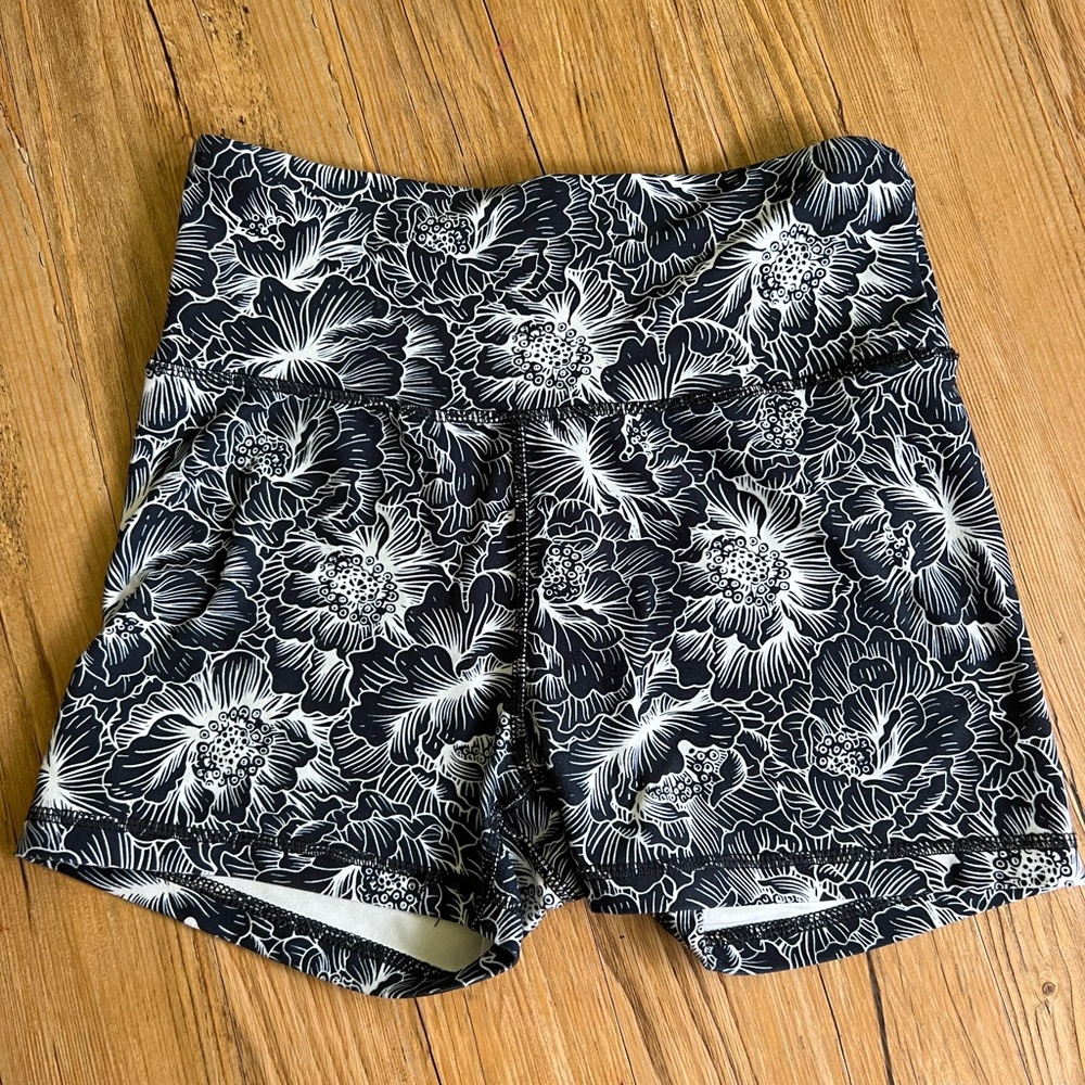 Black and white floral workout shorts - rayon and spandex
